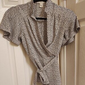 Chic Black and White Wrap Blouse